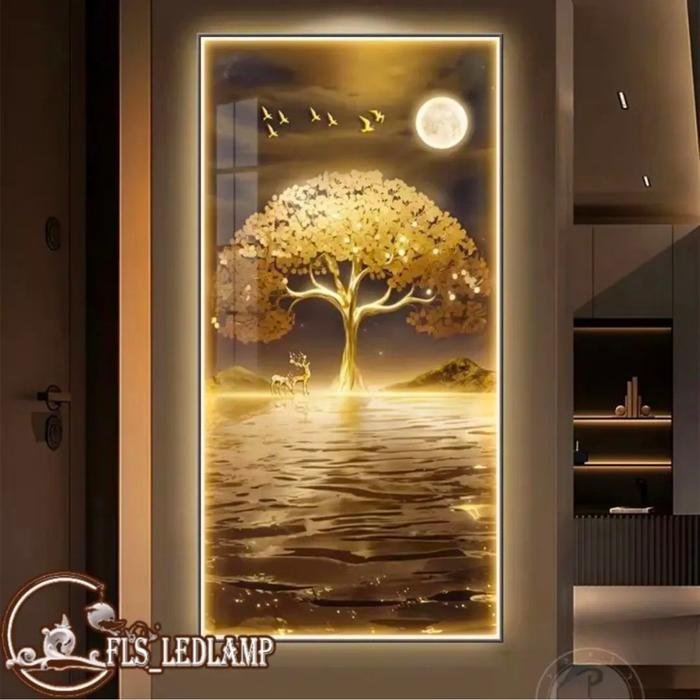 Painting LED Golden Wealth Tree Frame Hitam set