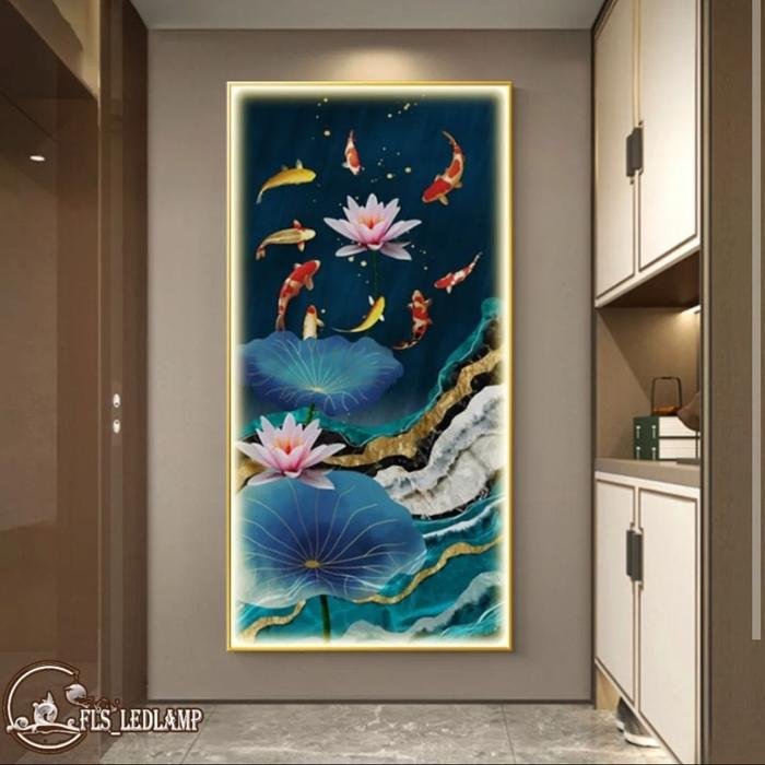 Painting Led 9 Koi's Lotus Ponds Frame Gold set