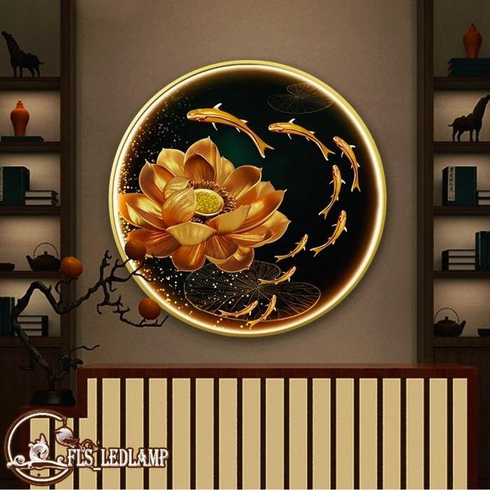 Painting LED 9Fishes Gold Lotus 100cm Frame Gold Remote Control