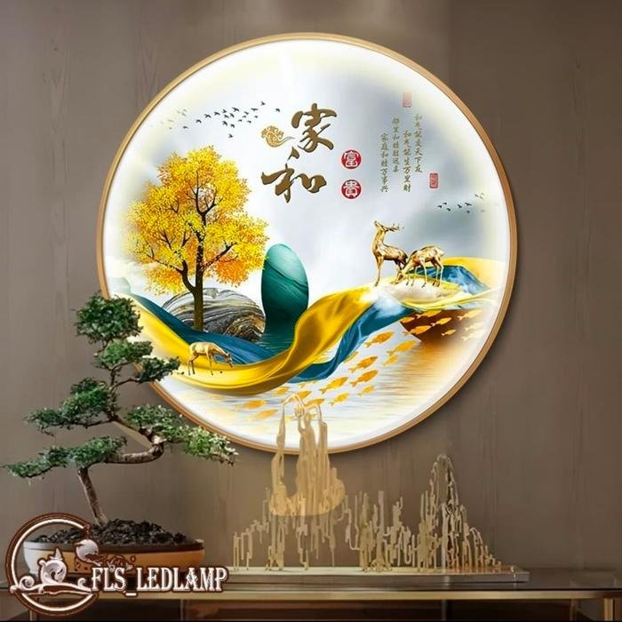 Painting LED Golden River Deer 80cm Frame Gold + Remote Control