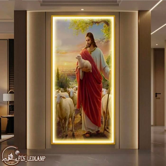 Painting LED Yesus Gembala Yang Baik 40x80cm Frame Gold