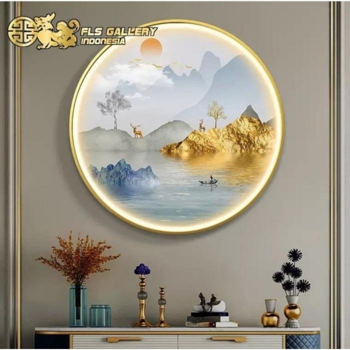 Painting LED Golden Mountain River 100cm Frame Gold + Remote Control