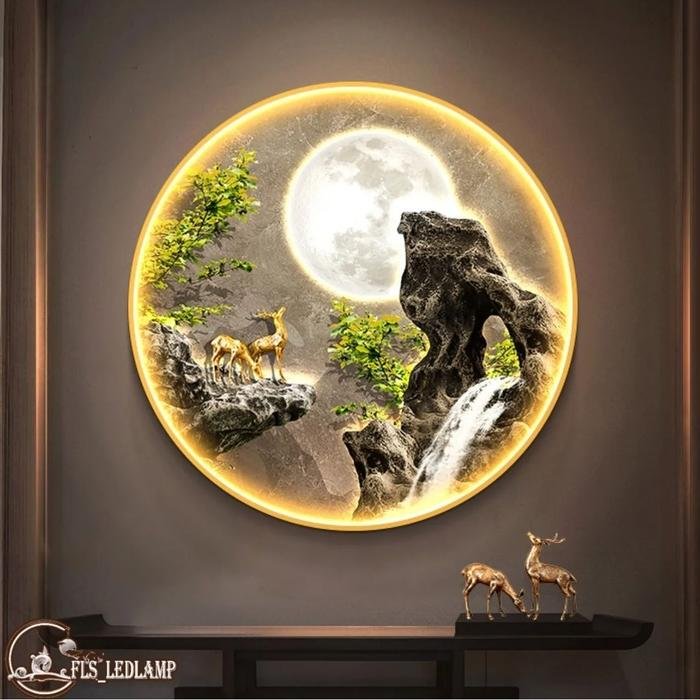 FLS Painting LED Fengshui Zen Waterfall (Deer) C Frame Gold set