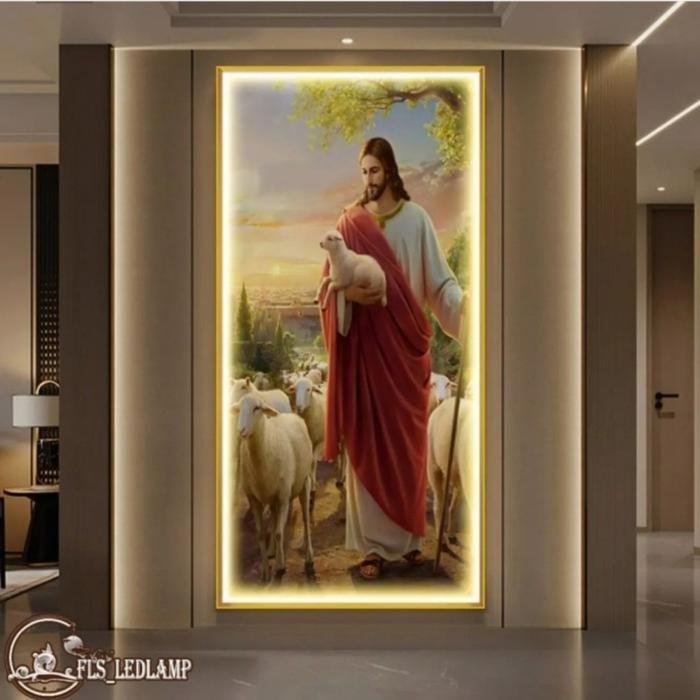 Painting LED Yesus Gembala Yang Baik 60x120cm + Frame Gold + Remote