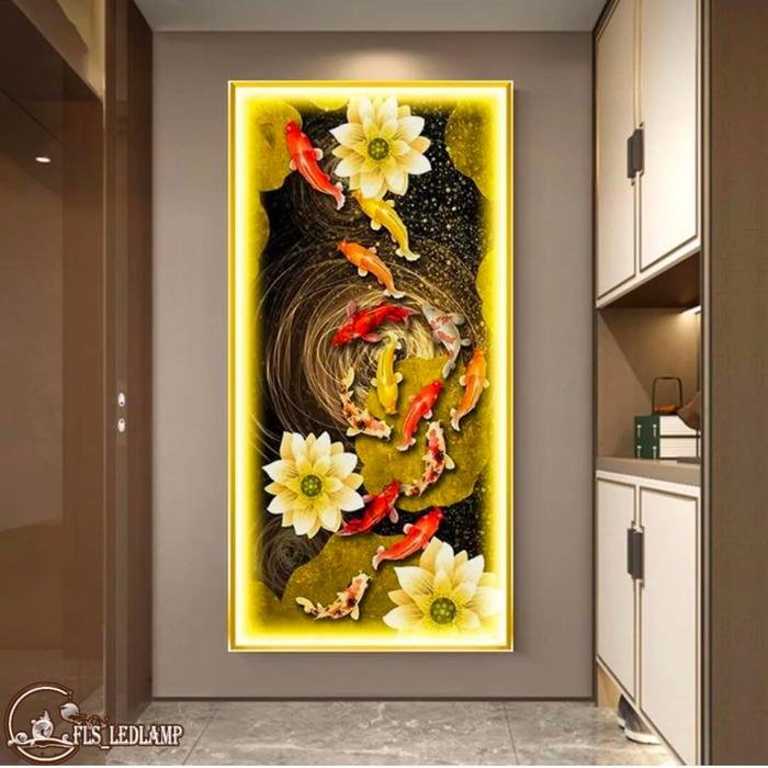 Painting LED 9 Koi's Lotus Pond (circular) uk.80x120cm +Remote