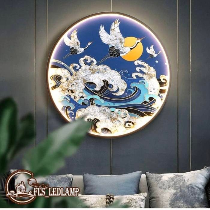 Painting LED Japanese White Crane Frame Gold set