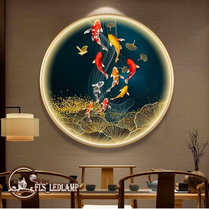 Painting LED 9 Fish Harmony 100cm Frame Gold Remote Control