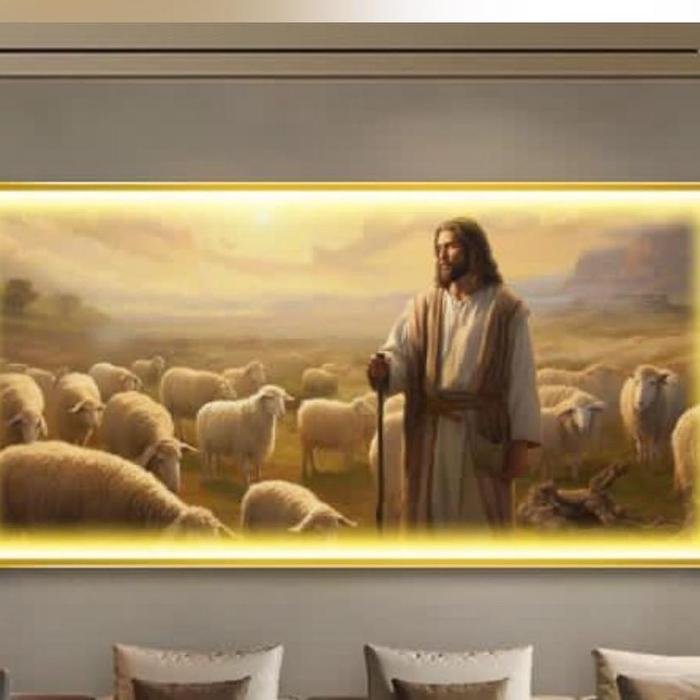 Painting LED Yesus Gembala Yang Baik Horizontal Frame Gold set