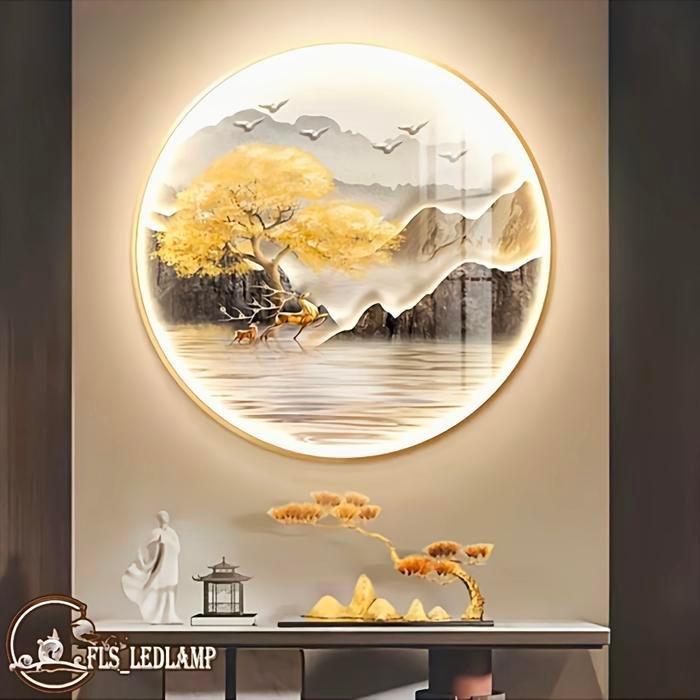 Painting LED Golden Tree and Deer Scenery