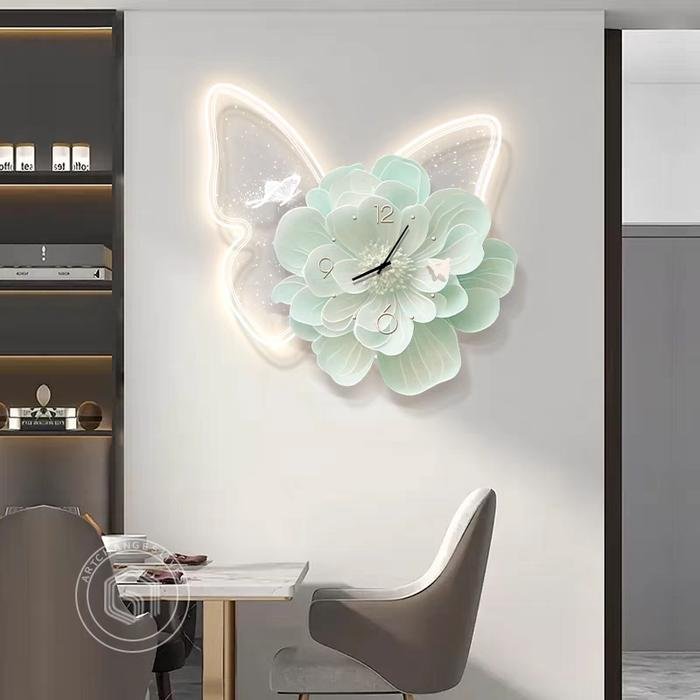 Wall Deco Clock Floral Green Butterfly uk.40x40cm