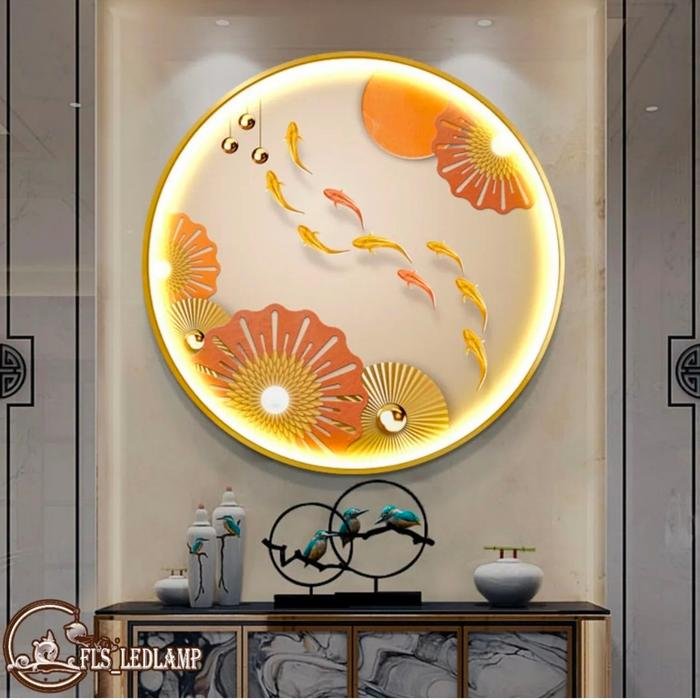 Painting LED 9 Koi's Harmony Neo Orange 80cm Frame Gold + Remote