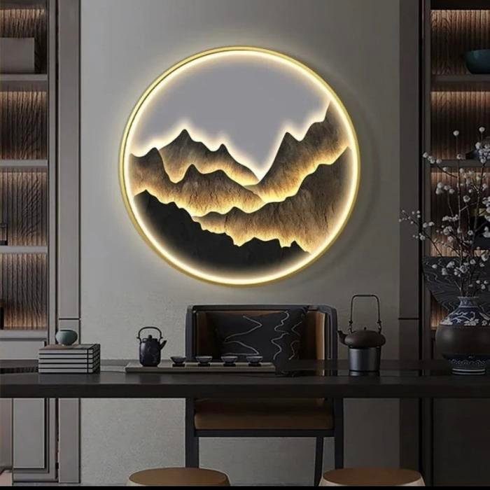 Painting LED Glowing Mountain Scen 100cm Frame Gold remote