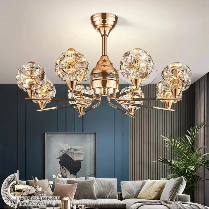 Lampu Kipas LED Crystal Orb 8 Titik uk 90x45cm warna Gold