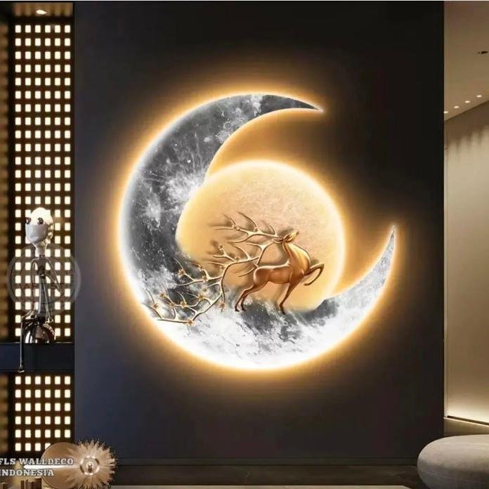 Hiasan Dinding Led Deer and Moon Grey