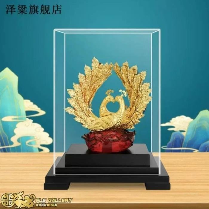 Pajangan Fengshui Crystal Double Peacock Gold Foil 24k