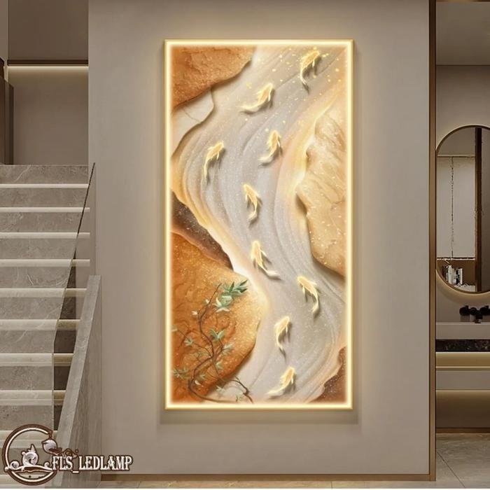 Painting LED 9 Koi's Stone River (Desert) Frame Gold set