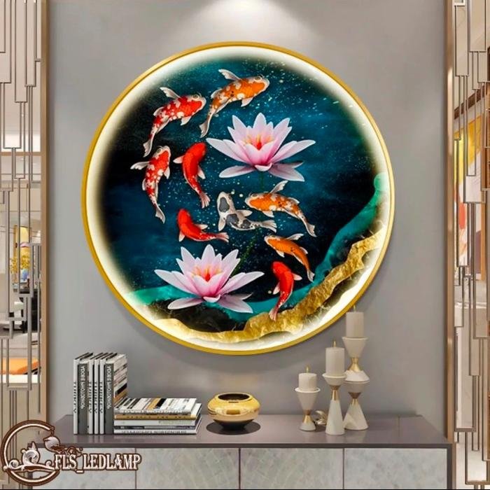 Painting LED 9Koi's Double Lotus 60cm Frame Gold +Remote Control