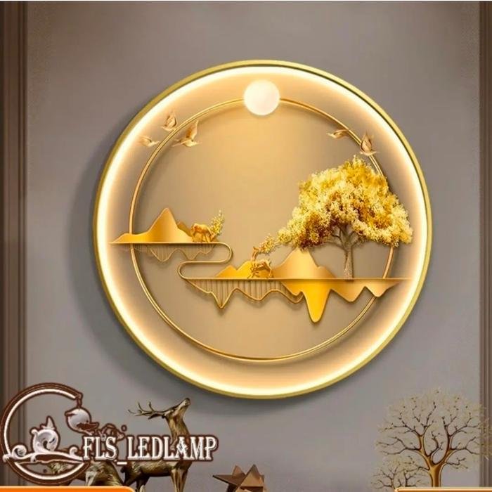 Painting LED Golden Scenery Deers 80cm Frame Gold Remote Control
